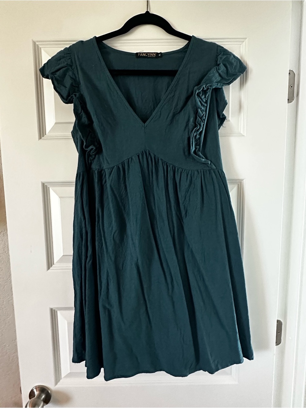 Fancyinn Teal Ruffle Sleeve V-Neck Mini Dress